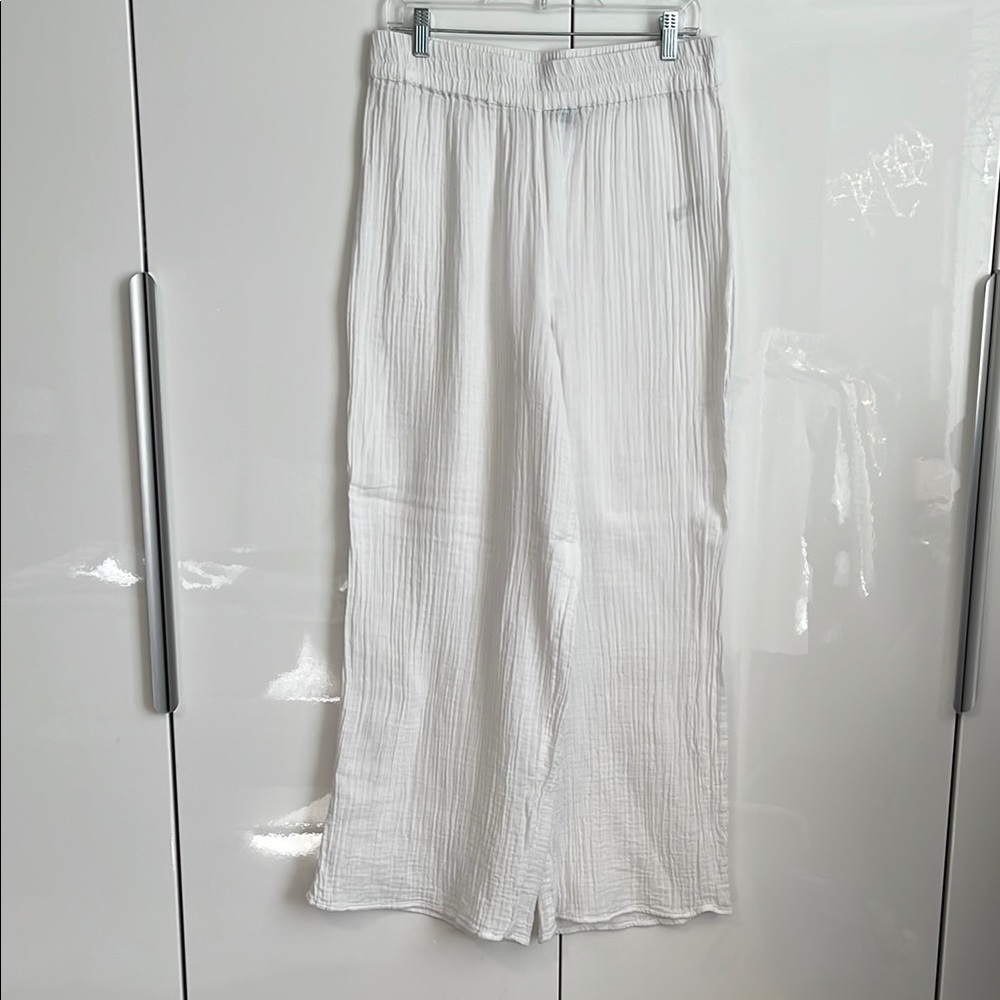 ASOS Curve NWOT White Cotton Crinkle Wide Leg Pants Elastic Waist, Size 12